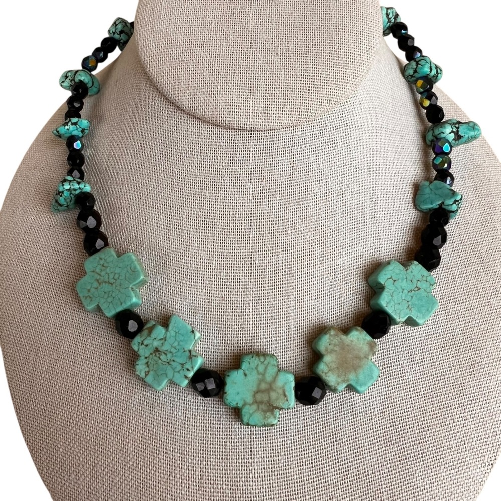 Vtg Turquoise Cross Choker Necklace Black Glass Beaded Statement Jewelry Women‎
